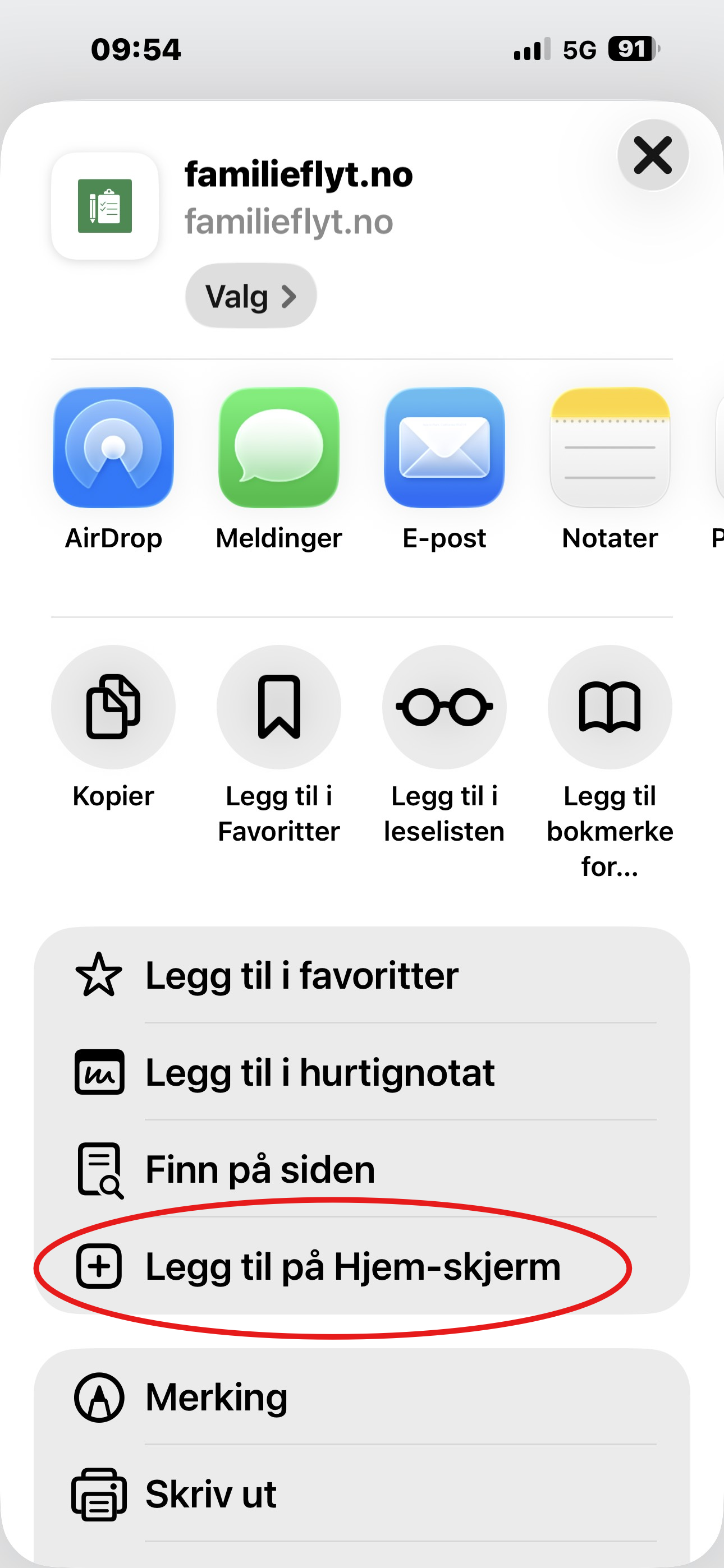 Velg Legg til på Hjem-skjerm